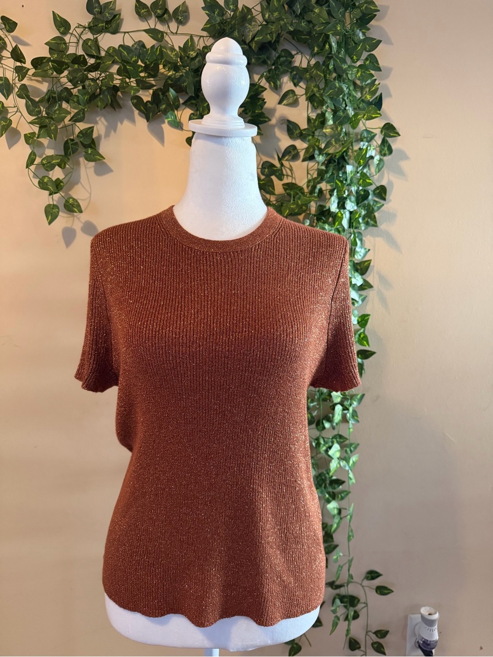 Boden Metallic Ribbed Short-Sleeve Top - Rust